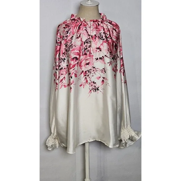 Anne Klein Printed Ruffle-Neck Long-Sleeve Satin Top Size XXL - Picture 2 of 10